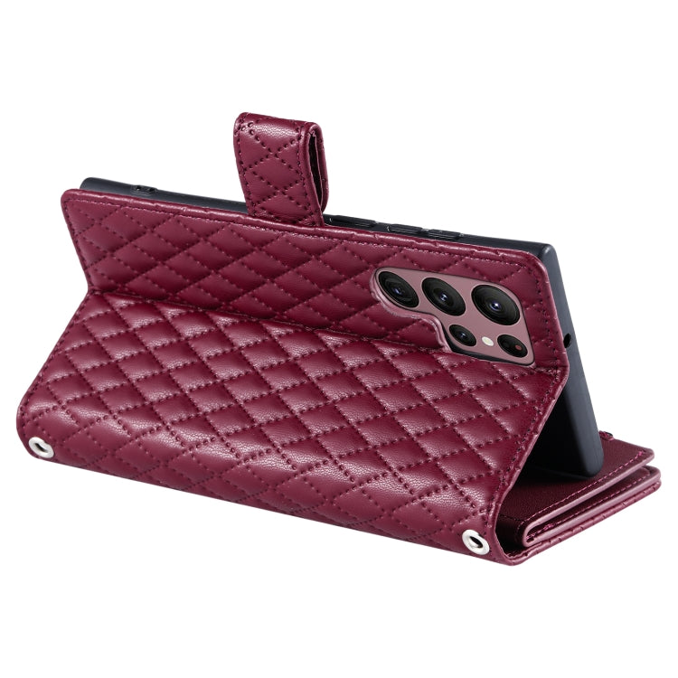 For Samsung Galaxy S25 Ultra 5G Glitter Lattice Zipper Wallet Leather Phone Case(Wine Red)