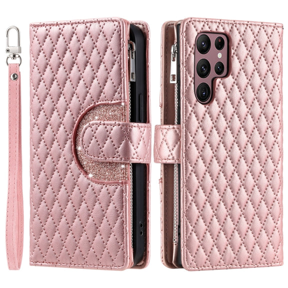 For Samsung Galaxy S25 Ultra 5G Glitter Lattice Zipper Wallet Leather Phone Case(Rose Gold)