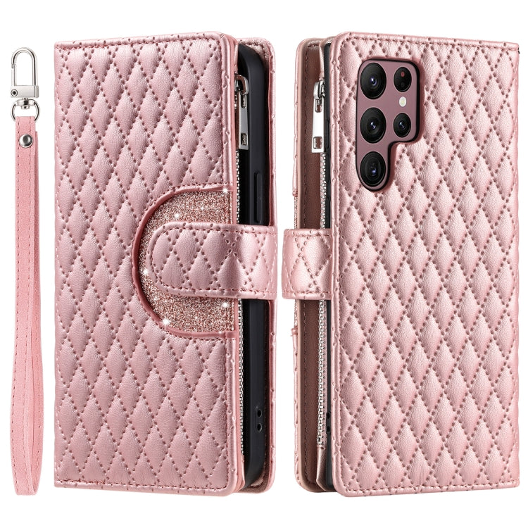 For Samsung Galaxy S25 Ultra 5G Glitter Lattice Zipper Wallet Leather Phone Case(Rose Gold)