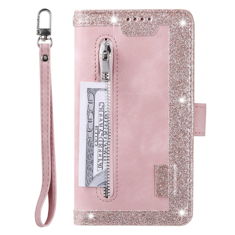 For Samsung Galaxy S25 5G Nine Card Zipper Bag Leather Phone Case with Lanyard(Pink)