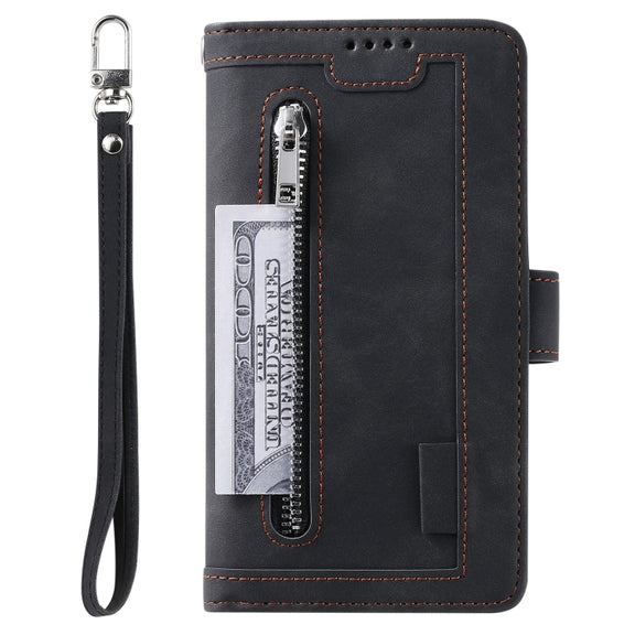 For Samsung Galaxy S25+ 5G Nine Card Zipper Bag Leather Phone Case with Lanyard(Black)