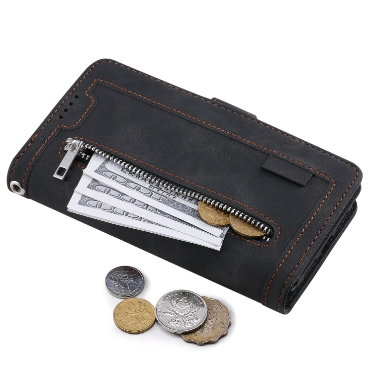 For Samsung Galaxy S25+ 5G Nine Card Zipper Bag Leather Phone Case with Lanyard(Black)