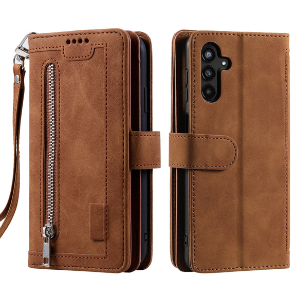 For Samsung Galaxy S25+ 5G Nine Card Zipper Bag Leather Phone Case with Lanyard(Brown)