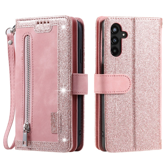 For Samsung Galaxy S25+ 5G Nine Card Zipper Bag Leather Phone Case with Lanyard(Pink)