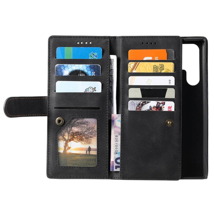 For Samsung Galaxy S25 Ultra 5G Nine Card Zipper Bag Leather Phone Case with Lanyard(Black)