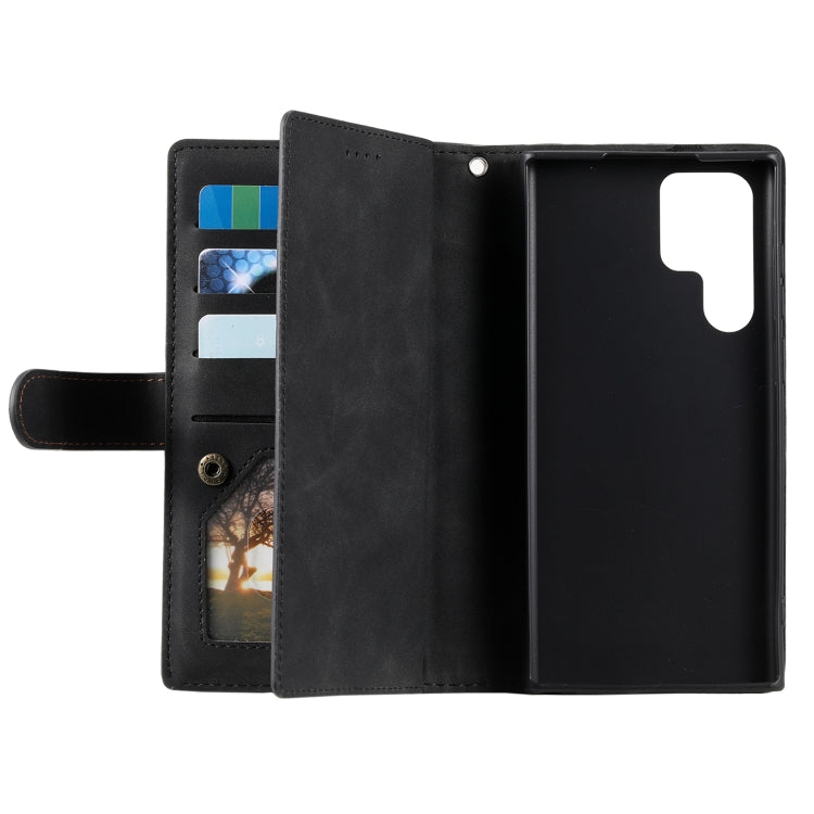 For Samsung Galaxy S25 Ultra 5G Nine Card Zipper Bag Leather Phone Case with Lanyard(Black)