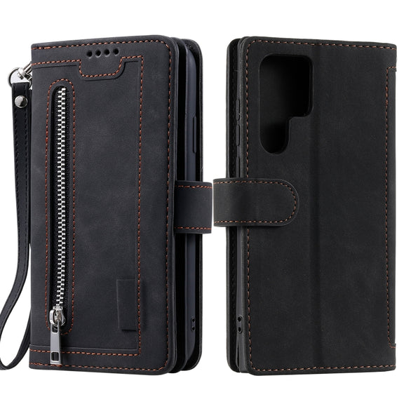 For Samsung Galaxy S25 Ultra 5G Nine Card Zipper Bag Leather Phone Case with Lanyard(Black)