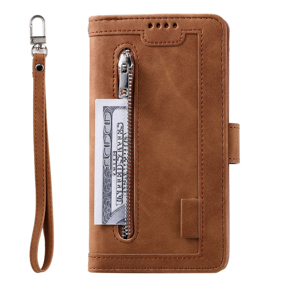 For Samsung Galaxy S25 Ultra 5G Nine Card Zipper Bag Leather Phone Case with Lanyard(Brown)