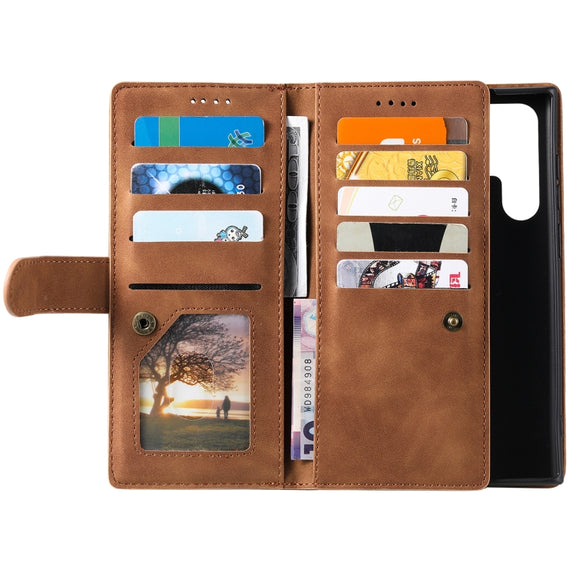 For Samsung Galaxy S25 Ultra 5G Nine Card Zipper Bag Leather Phone Case with Lanyard(Brown)
