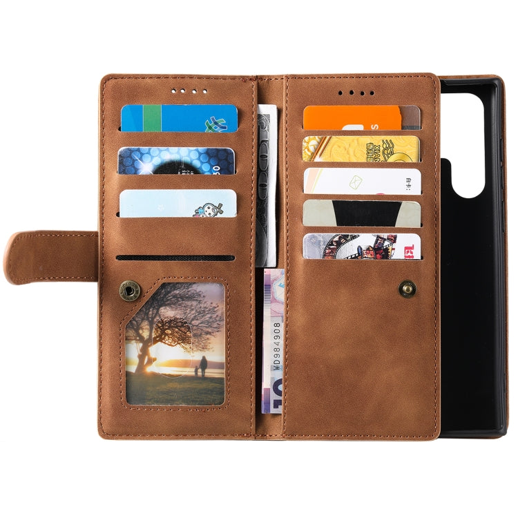 For Samsung Galaxy S25 Ultra 5G Nine Card Zipper Bag Leather Phone Case with Lanyard(Brown)