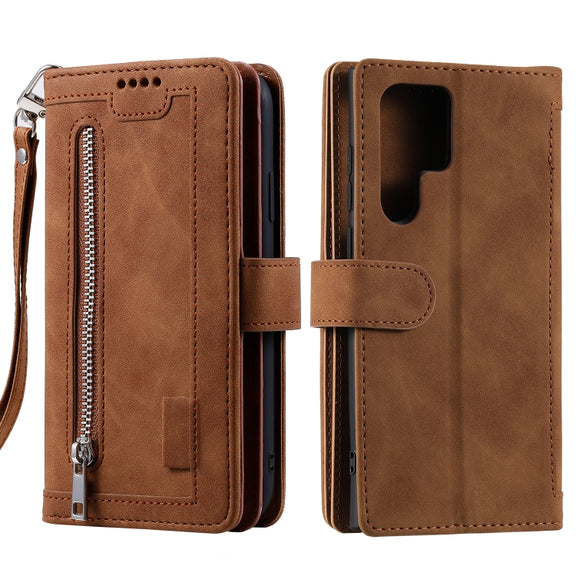 For Samsung Galaxy S25 Ultra 5G Nine Card Zipper Bag Leather Phone Case with Lanyard(Brown)