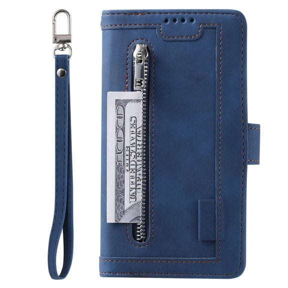 For Samsung Galaxy S25 Ultra 5G Nine Card Zipper Bag Leather Phone Case with Lanyard(Blue)