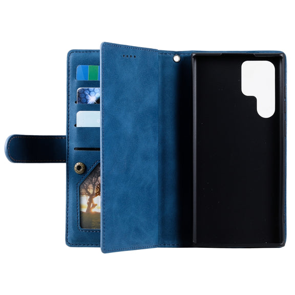 For Samsung Galaxy S25 Ultra 5G Nine Card Zipper Bag Leather Phone Case with Lanyard(Blue)