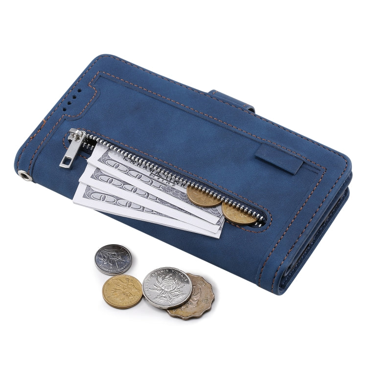 For Samsung Galaxy S25 Ultra 5G Nine Card Zipper Bag Leather Phone Case with Lanyard(Blue)