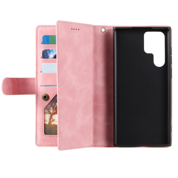For Samsung Galaxy S25 Ultra 5G Nine Card Zipper Bag Leather Phone Case with Lanyard(Pink)