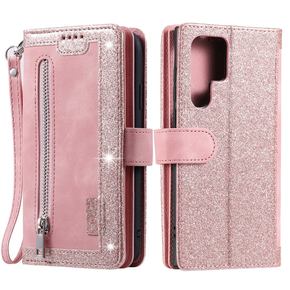 For Samsung Galaxy S25 Ultra 5G Nine Card Zipper Bag Leather Phone Case with Lanyard(Pink)
