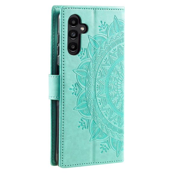 For Samsung Galaxy S25 5G Totem Flower Embossed Leather Phone Case with Lanyard(Green)