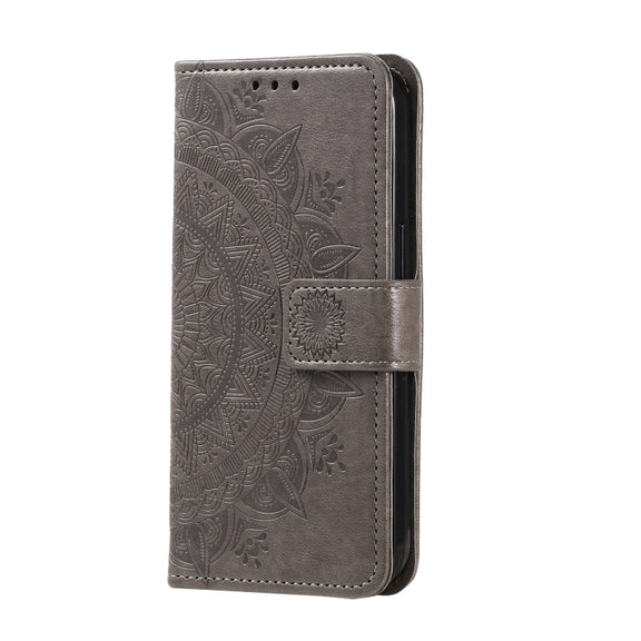 For Samsung Galaxy S25+ 5G Totem Flower Embossed Leather Phone Case with Lanyard(Grey)