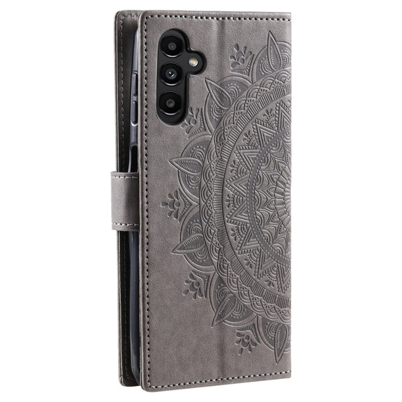 For Samsung Galaxy S25+ 5G Totem Flower Embossed Leather Phone Case with Lanyard(Grey)