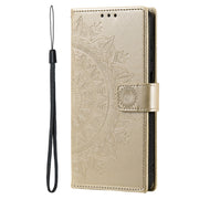 For Samsung Galaxy S25 Ultra 5G Totem Flower Embossed Leather Phone Case with Lanyard(Gold)