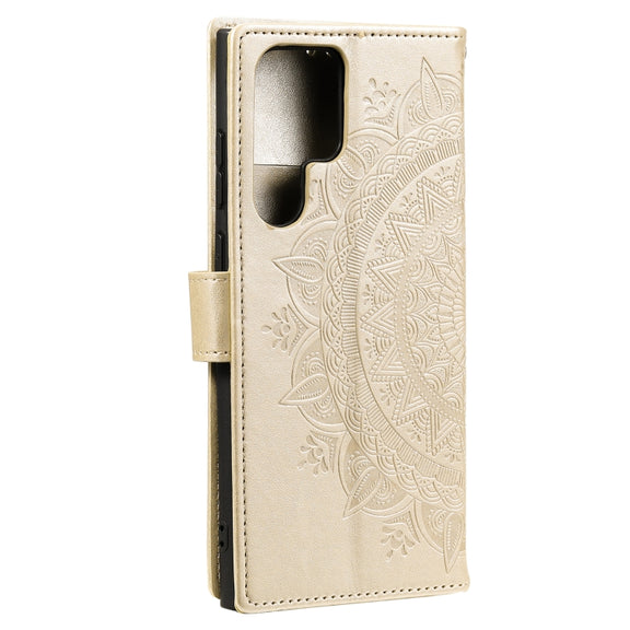 For Samsung Galaxy S25 Ultra 5G Totem Flower Embossed Leather Phone Case with Lanyard(Gold)