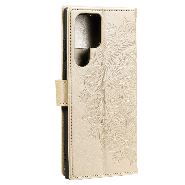 For Samsung Galaxy S25 Ultra 5G Totem Flower Embossed Leather Phone Case with Lanyard(Gold)