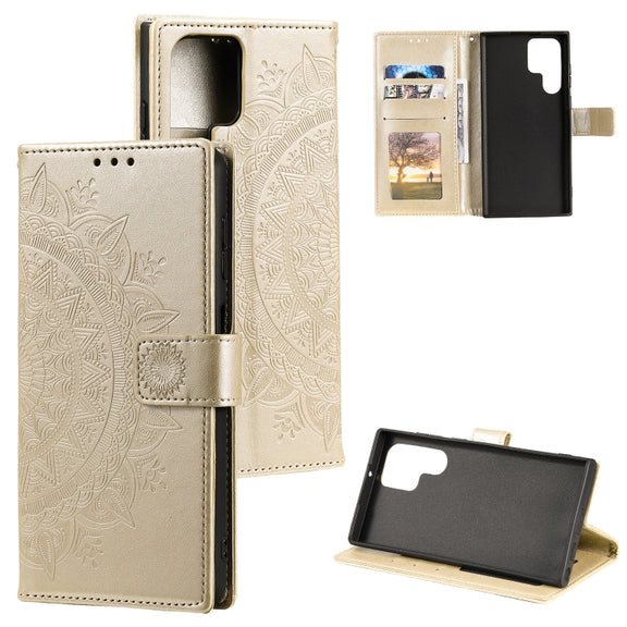 For Samsung Galaxy S25 Ultra 5G Totem Flower Embossed Leather Phone Case with Lanyard(Gold)