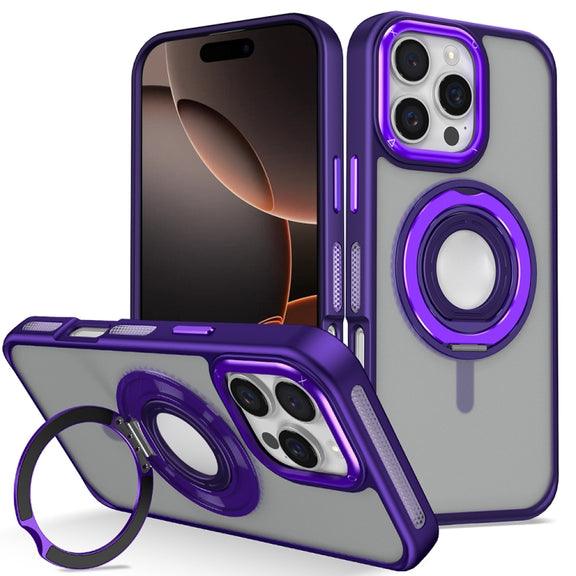 For iPhone 16 Pro Skin Feel Matte 360 Degree Rotating Silicone Ring Holder Phone Case(Purple)