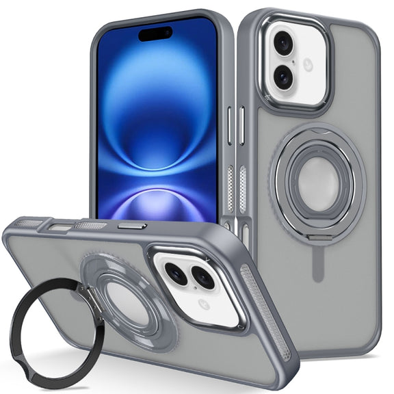 For iPhone 16 Skin Feel Matte 360 Degree Rotating Silicone Ring Holder Phone Case(Grey)