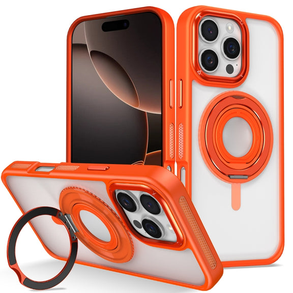 For iPhone 16 Pro Max Skin Feel Transparent 360 Degree Rotating Silicone Ring Holder Phone Case(Orange)