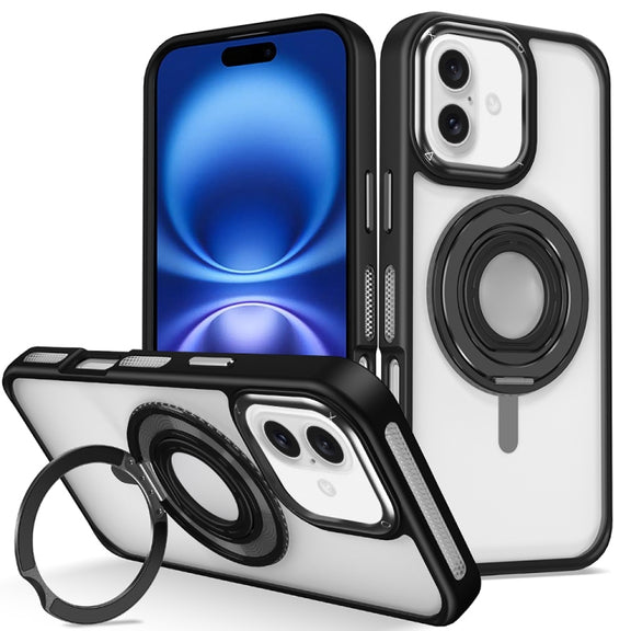 For iPhone 16 Skin Feel Transparent 360 Degree Rotating Silicone Ring Holder Phone Case(Black)