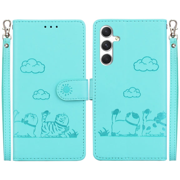 For Samsung Galaxy S25 5G Cute Cats RFID Leather Phone Case(Green)