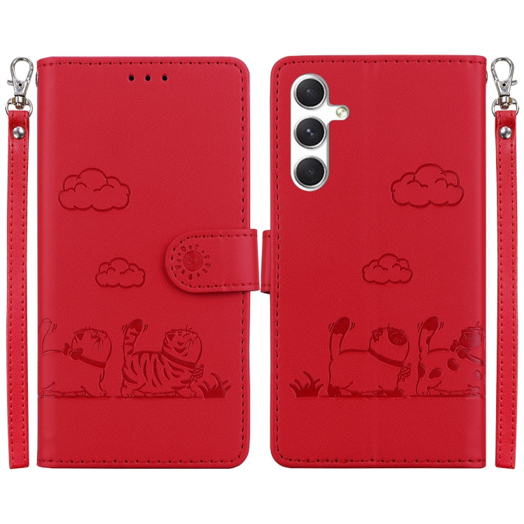 For Samsung Galaxy S25 5G Cute Cats RFID Leather Phone Case(Red) - Galaxy S25 5G Cases by PMC Jewellery | Online Shopping South Africa | PMC Jewellery | Buy Now Pay Later Mobicred