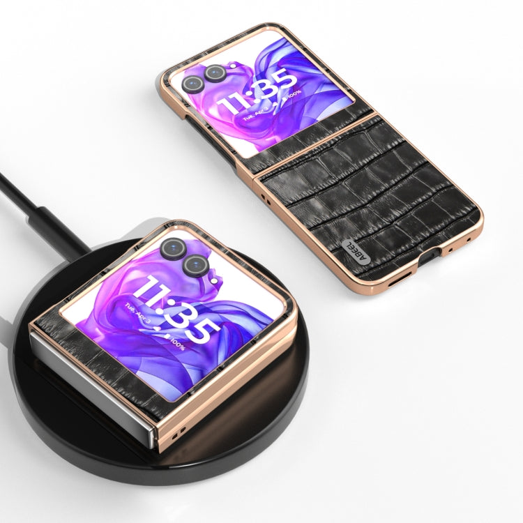 For Motorola Razr 50 ABEEL Electroplating Frame Crocodile Texture Genuine Leather Phone Case(Black) - Motorola Cases by PMC TechLife | Online Shopping South Africa | PMC TechLife | Buy Now Pay Later Mobicred
