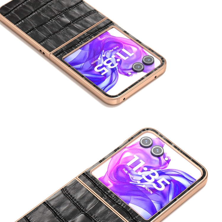 For Motorola Razr 50 ABEEL Electroplating Frame Crocodile Texture Genuine Leather Phone Case(Black) - Motorola Cases by PMC TechLife | Online Shopping South Africa | PMC TechLife | Buy Now Pay Later Mobicred