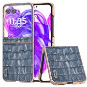 For Motorola Razr 50 ABEEL Electroplating Frame Crocodile Texture Genuine Leather Phone Case(Blue)