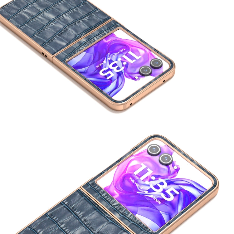 For Motorola Razr 50 ABEEL Electroplating Frame Crocodile Texture Genuine Leather Phone Case(Blue) - Motorola Cases by PMC TechLife | Online Shopping South Africa | PMC TechLife | Buy Now Pay Later Mobicred