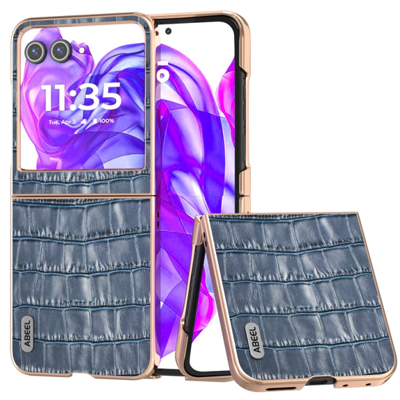 For Motorola Razr 50 ABEEL Electroplating Frame Crocodile Texture Genuine Leather Phone Case(Blue)