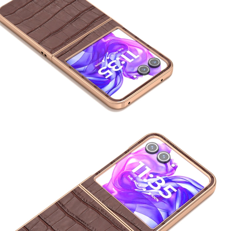 For Motorola Razr 50 ABEEL Electroplating Frame Crocodile Texture Genuine Leather Phone Case(Brown) - Motorola Cases by PMC TechLife | Online Shopping South Africa | PMC TechLife | Buy Now Pay Later Mobicred
