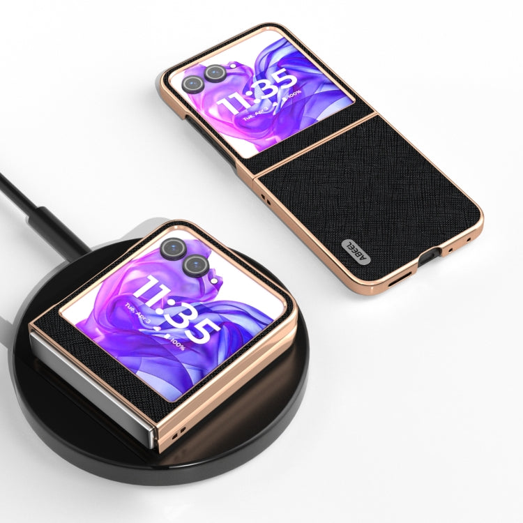 For Motorola Razr 50 ABEEL Electroplating Frame Cross Texture Genuine Leather Phone Case(Black) - Motorola Cases by PMC TechLife | Online Shopping South Africa | PMC TechLife | Buy Now Pay Later Mobicred