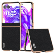 For Motorola Razr 50 ABEEL Electroplating Frame Cross Texture Genuine Leather Phone Case(Black)