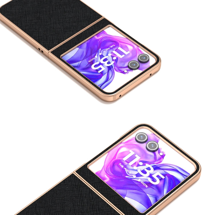 For Motorola Razr 50 ABEEL Electroplating Frame Cross Texture Genuine Leather Phone Case(Black) - Motorola Cases by PMC TechLife | Online Shopping South Africa | PMC TechLife | Buy Now Pay Later Mobicred