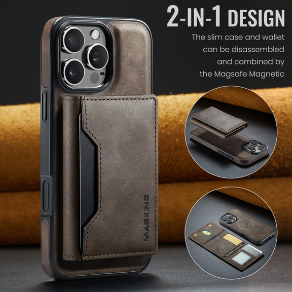 For iPhone 16 Pro DG.MING MAGKING-K2 Series MagSafe RFID Card Bag Detachable Phone Case(Coffee)