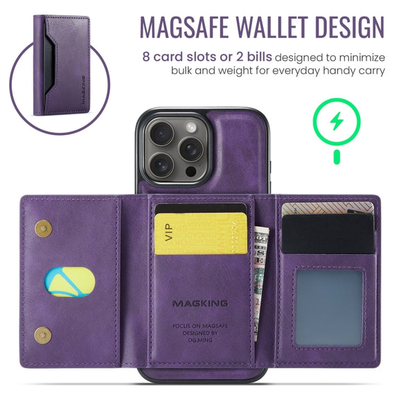 For iPhone 16 Pro DG.MING MAGKING-K2 Series MagSafe RFID Card Bag Detachable Phone Case(Purple)