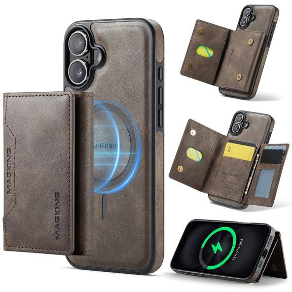 For iPhone 16 Plus DG.MING MAGKING-K2 Series MagSafe RFID Card Bag Detachable Phone Case(Coffee)