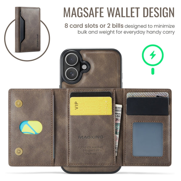 For iPhone 16 Plus DG.MING MAGKING-K2 Series MagSafe RFID Card Bag Detachable Phone Case(Coffee)