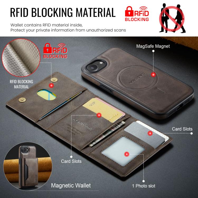 For iPhone 16e DG.MING MAGKING-K2 Series MagSafe RFID Card Bag Detachable Phone Case(Coffee)