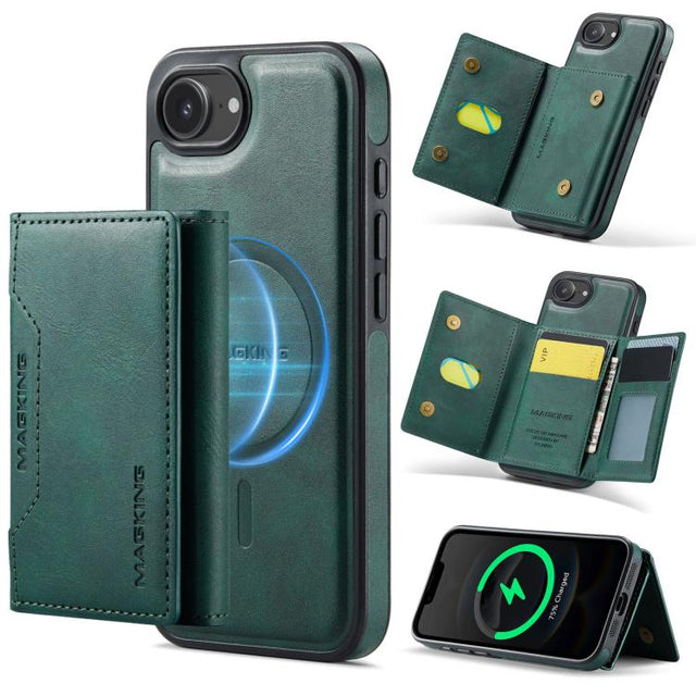 For iPhone 16e DG.MING MAGKING-K2 Series MagSafe RFID Card Bag Detachable Phone Case(Green)