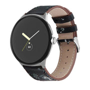 For Google Pixel Watch 3 45mm Round Tail Genuine Leather Watch Band(Black White Flower)