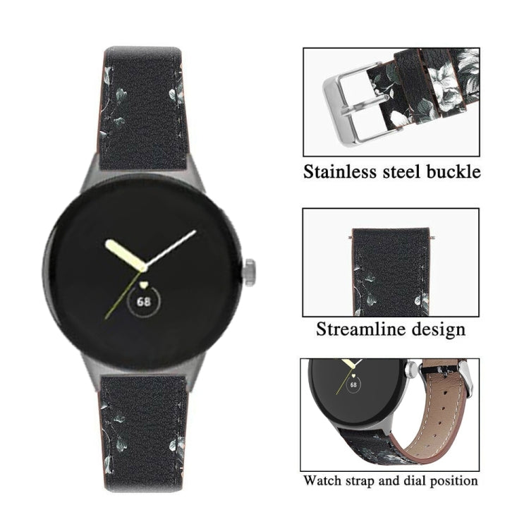 For Google Pixel Watch 3 45mm Round Tail Genuine Leather Watch Band(Black White Flower)